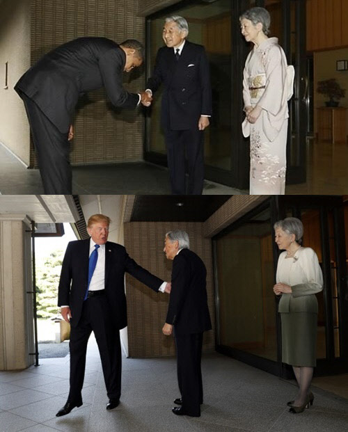 2009년 일본을 방문한 오바마 대통령이 아키히토 일본 천왕에게 90도로 인사하는 모습(위쪽)과 도널드 트럼프 대통령이 2017년 일본 방문 당시 아키히토 전 일왕의 팔을 가볍게 두드리며 친근함을 표시했다.<AP=연합뉴스>